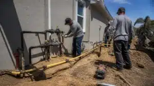 Certified gas contractor inspecting commercial gas meter and underground gas piping installation in Florida.