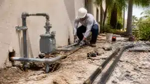 Florida gas contractor replacing underground gas line for residential property with professional equipment