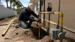 Florida gas contractor performing natural gas piping installation and meter connection for home service