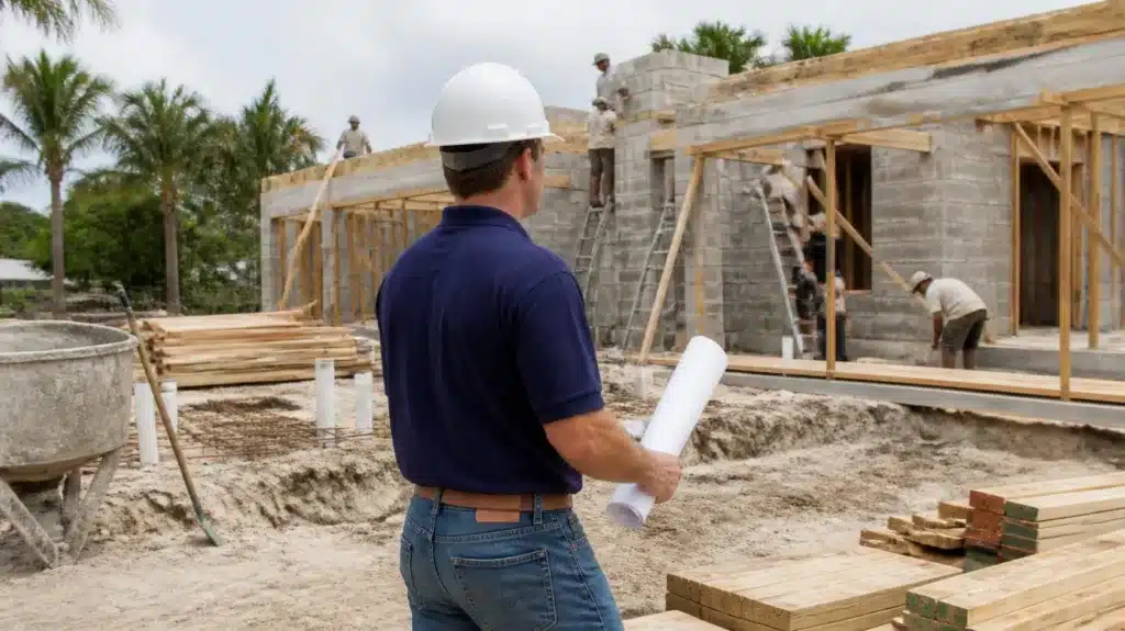 Licensed Florida general contractor overseeing residential construction with building plans at an active job site.
