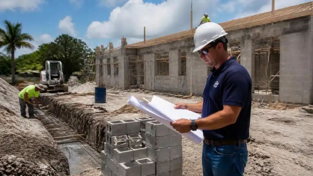 Florida general contractor reviewing construction blueprints while monitoring foundation and structural work on a new home.