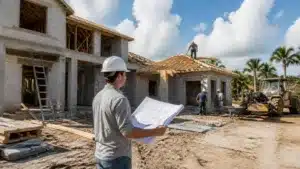 Florida general contractor inspecting framing and roofing progress while reviewing architectural plans at a construction site.