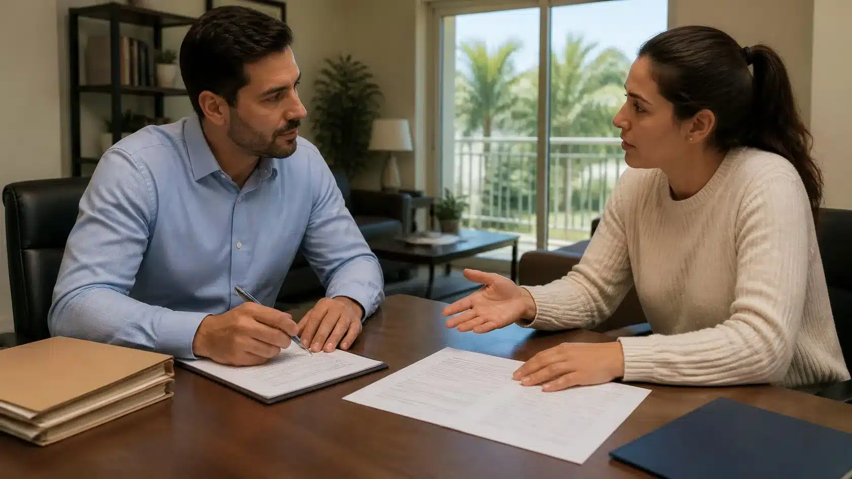 Florida landlord and tenant discussing security deposit bond terms during a rental agreement meeting.