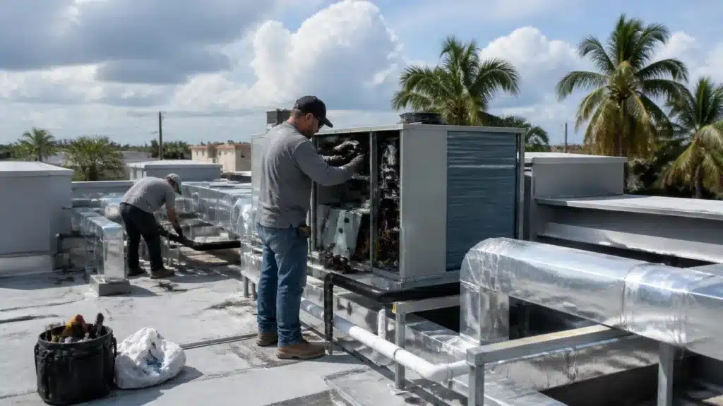 Florida mechanical contractor servicing rooftop HVAC equipment at a commercial building with licensed installation and maintenance expertise.