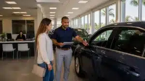 Florida motor vehicle dealer assisting a customer with vehicle paperwork at a dealership, illustrating Florida motor vehicle dealer licensing and bond requirements.