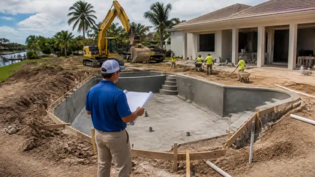 Licensed Florida pool contractor supervising residential swimming pool excavation and construction project.