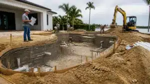 Florida pool contractor overseeing in-ground swimming pool construction with excavation equipment and construction crew.