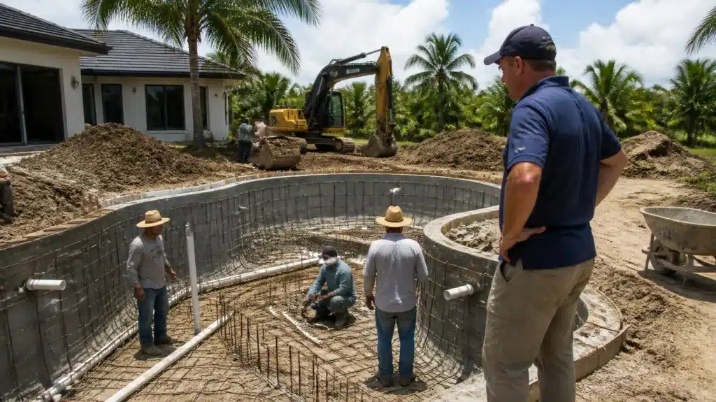 Professional Florida pool contractor inspecting reinforced swimming pool shell before concrete installation.