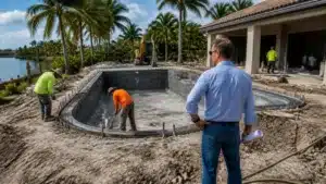Licensed Florida pool contractor managing residential pool excavation and construction for luxury backyard installation.