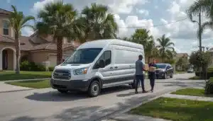 Professional courier handing a package to a customer beside a delivery van in Broward County, showcasing reliable private courier services backed by a $25,000 surety bond.