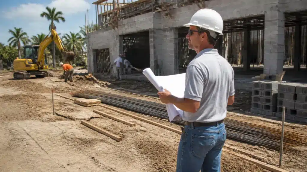 Cape Coral, FL registered contractor reviewing residential construction plans under a $25,000 contractor license bond requirement.
