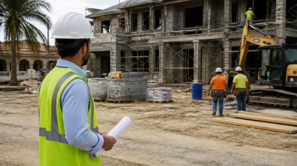 Licensed Cape Coral contractor inspecting a residential construction project in compliance with Florida contractor licensing and bonding regulations.