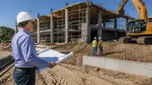Professional contractor consulting with homeowners at a Cape Coral residential construction site under a registered contractor license bond.