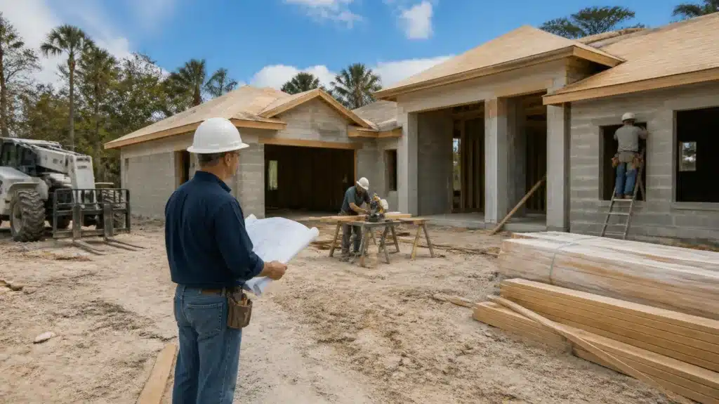 Florida residential contractor reviewing construction plans at a new custom home building site.