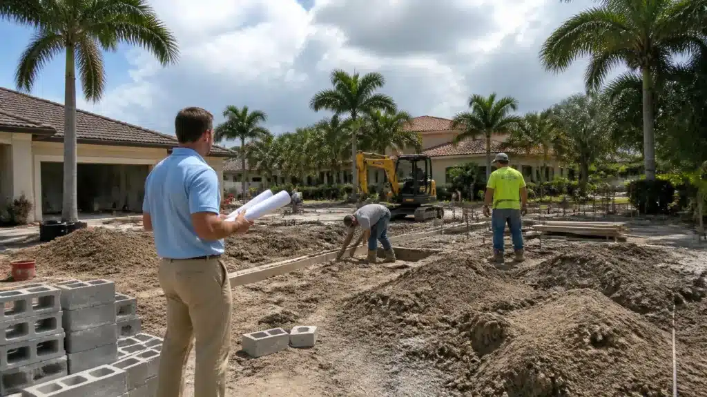 Licensed Florida residential contractor supervising home construction project with framing and heavy equipment.