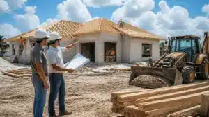 Professional Florida residential contractor managing new home construction with subcontractors and site inspection.
