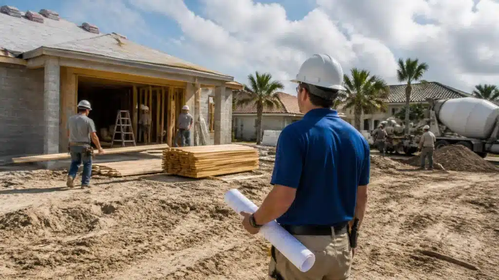 Licensed residential contractor inspecting masonry, framing, and building materials at a Florida jobsite.