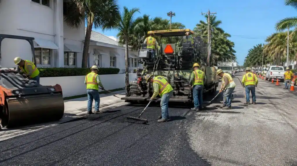 Road restoration crew paving a county roadway under an Escambia County, FL Road Restoration Permit ($10,000) Bond project.