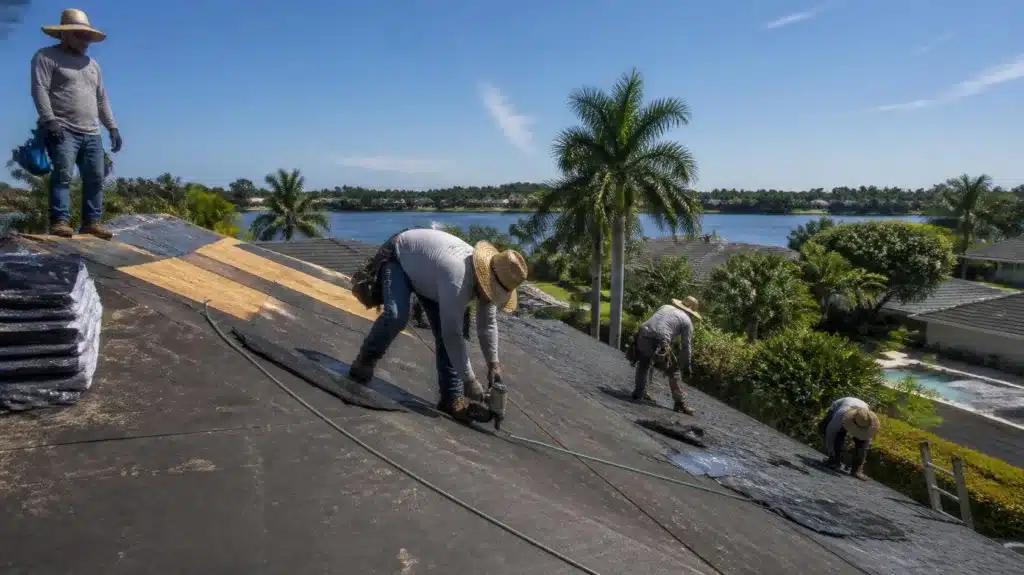Florida roofing contractors installing asphalt shingles on a residential roof replacement project