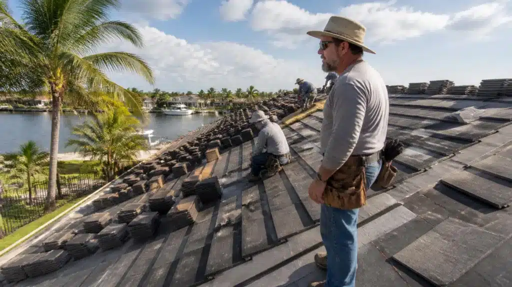 Florida roofing contractor inspecting tile roof during residential roof replacement overlooking waterfront homes