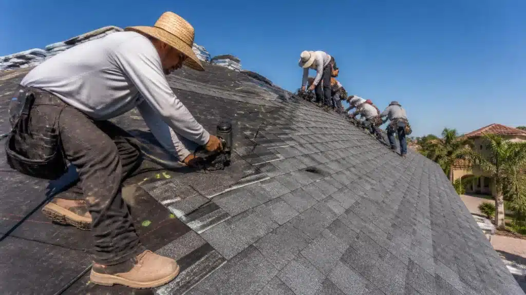 Professional Florida roofing contractor securing asphalt shingles during residential roof installation