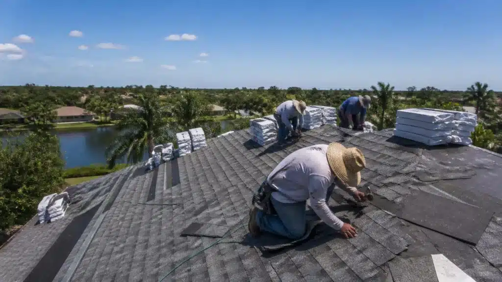 Florida roofing contractors installing asphalt shingles on residential roof under clear blue skies