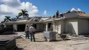 Residential roofing contractors replacing damaged roof with new asphalt shingles in Florida