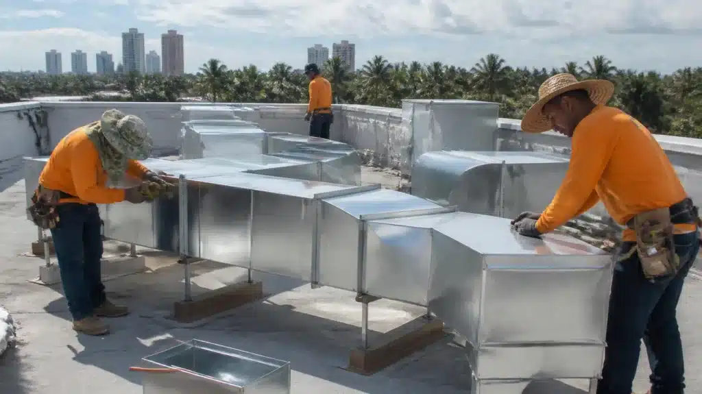 HVAC technicians installing commercial sheet metal ductwork on a flat rooftop during building construction