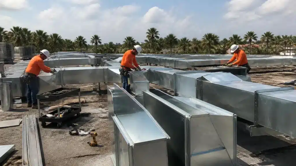 Sheet metal contractor installing commercial HVAC ductwork for an Osceola County, FL Sheet Metal Limited Bond project.
