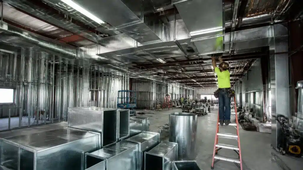 Florida sheet metal contractors assembling rooftop ventilation ducts while meeting Osceola County licensing and safety requirements.
