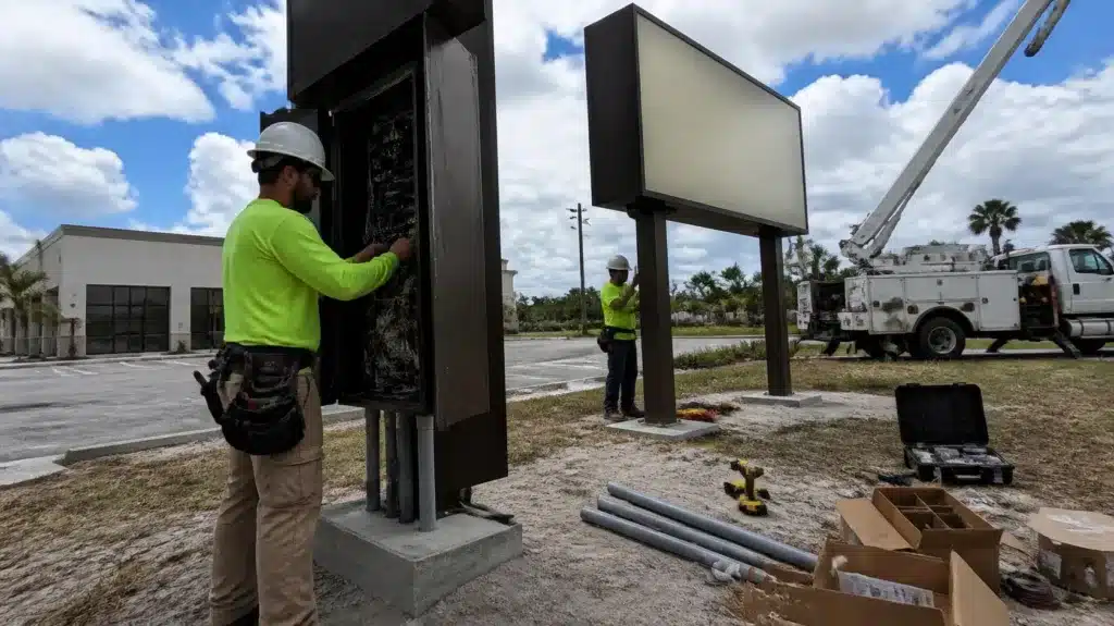 Florida sign electrical contractor servicing illuminated commercial signage with electrical wiring, control components, and bucket truck support.