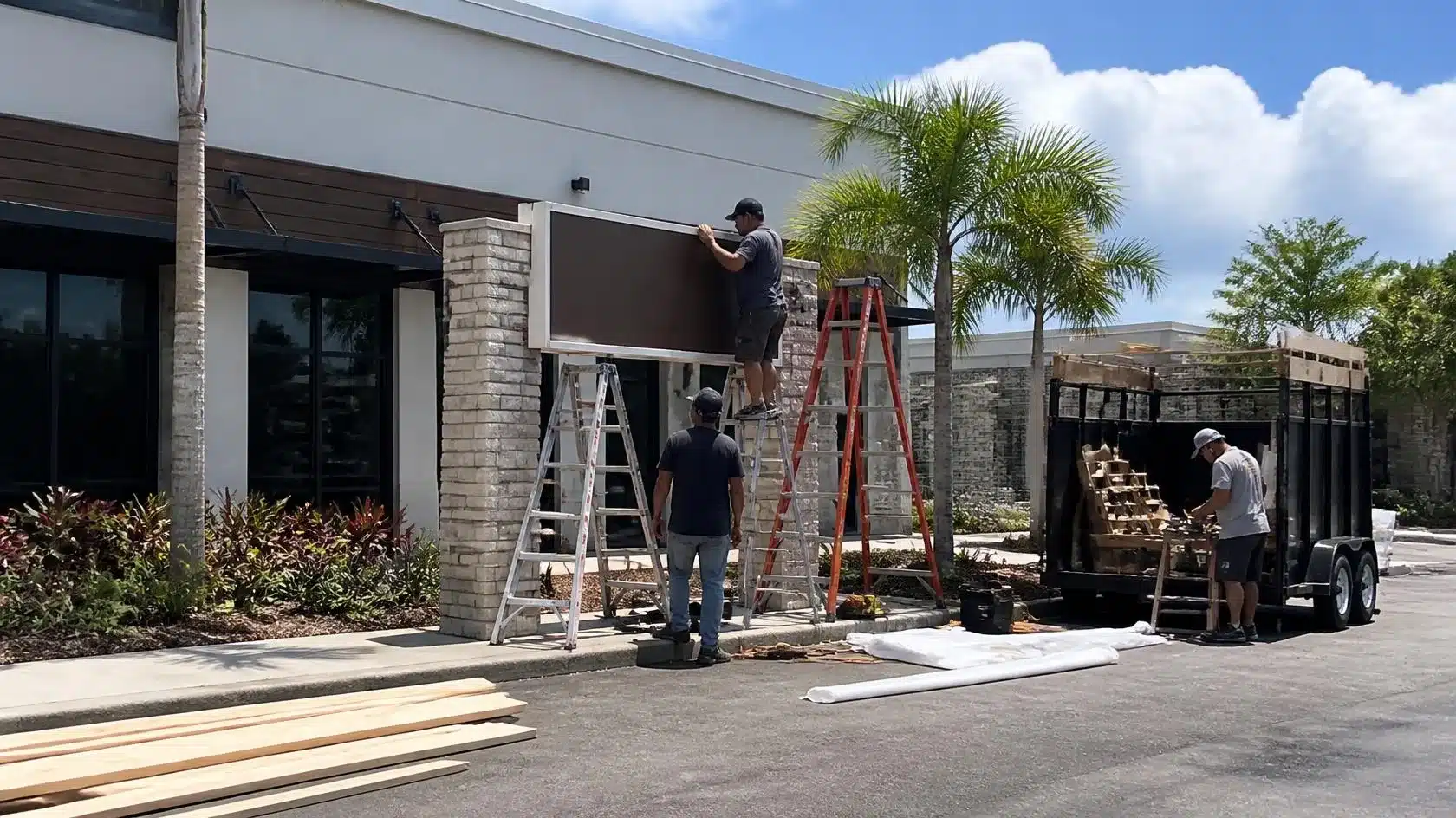 Non-electrical sign installation contractor installing a freestanding commercial sign in Florida using professional tools and construction equipment.