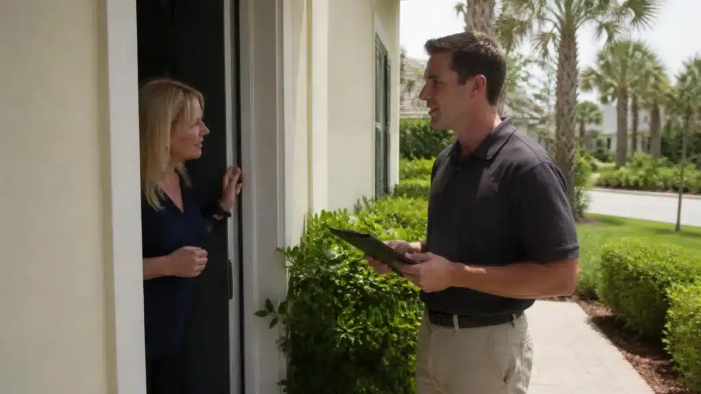 Licensed solicitor visiting a homeowner to discuss services while complying with Escambia County solicitor bond requirements.