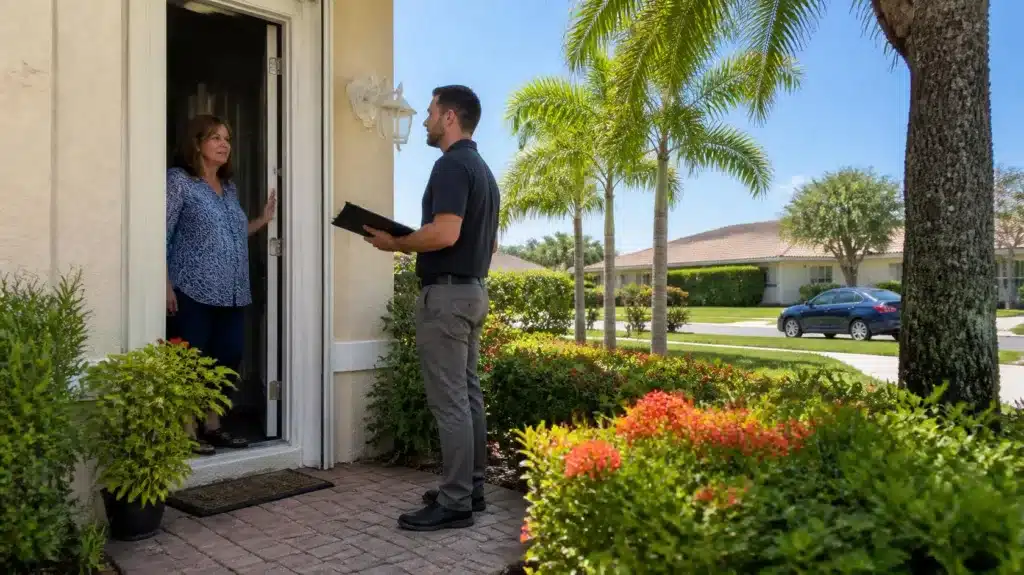 Professional solicitor meeting with a homeowner at the front door in accordance with Escambia County solicitation licensing and bonding rules.