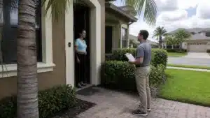 Door-to-door solicitor presenting information to a resident while operating under the Escambia County $5,000 solicitor bond requirement.