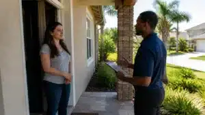 Licensed solicitor speaking with a homeowner at a Florida residence, illustrating Escambia County solicitor bond compliance.