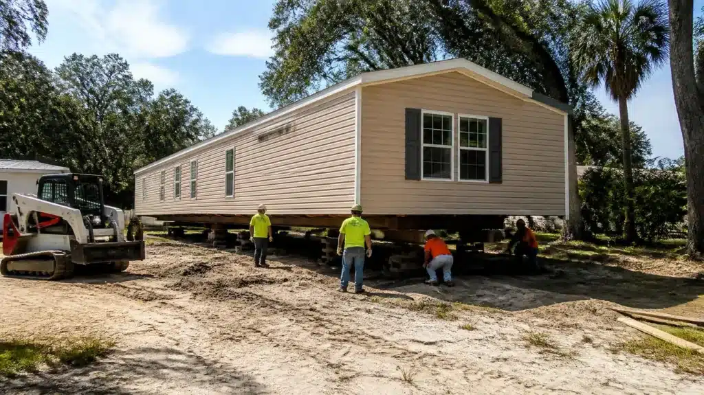 Contractors positioning a manufactured home for permanent installation in compliance with Florida permit requirements.