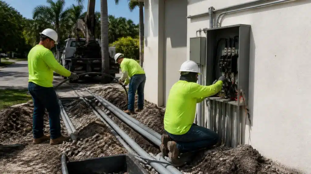 Florida utility connection permit contractors installing underground electrical conduit and service connections for residential development