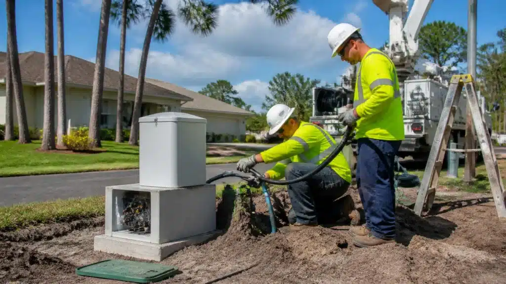 Workers connecting underground utility lines under a Florida utility connection permit for new residential construction