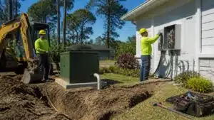 Licensed contractor installing electrical service panel and utility equipment under a Florida utility connection permit