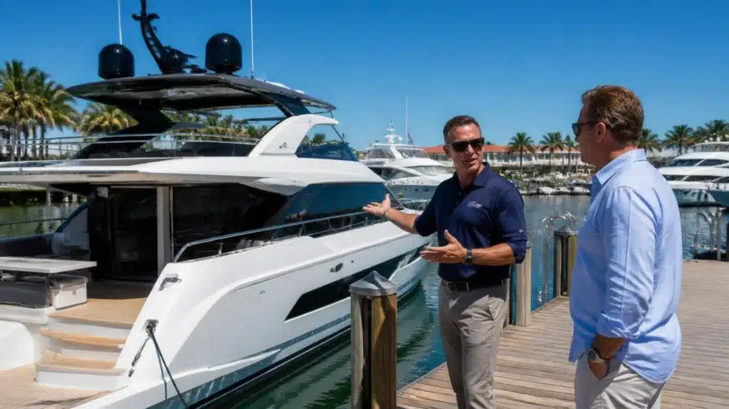 Florida yacht and ship salesperson assisting a customer with luxury yacht purchase at a marina dealership