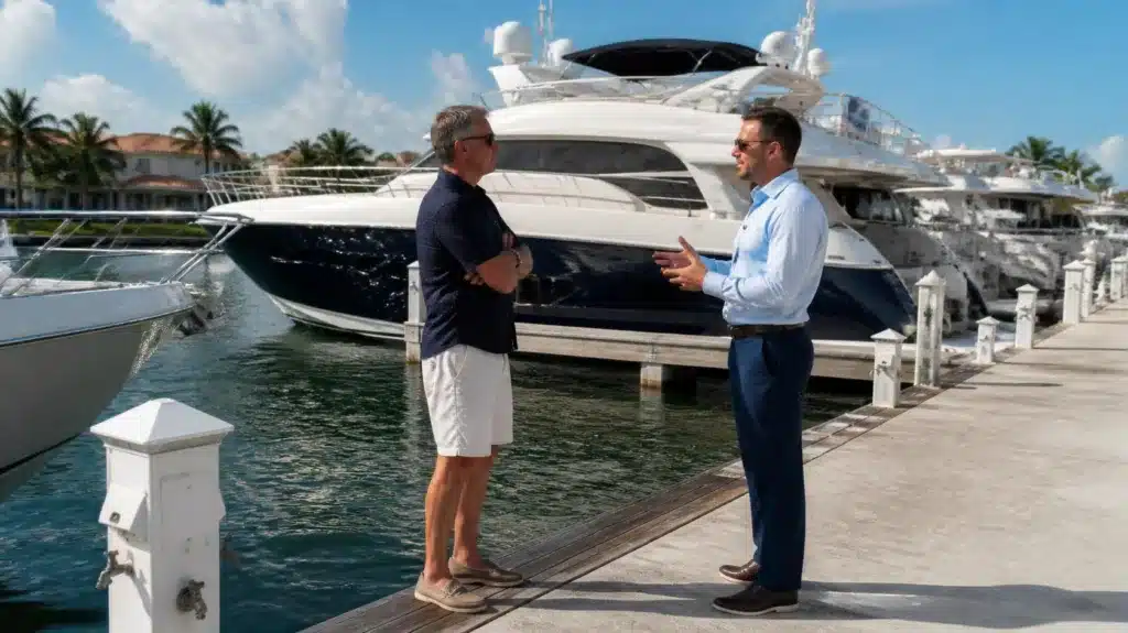 Licensed Florida yacht and ship salesperson presenting luxury boats to prospective buyers in a coastal marina