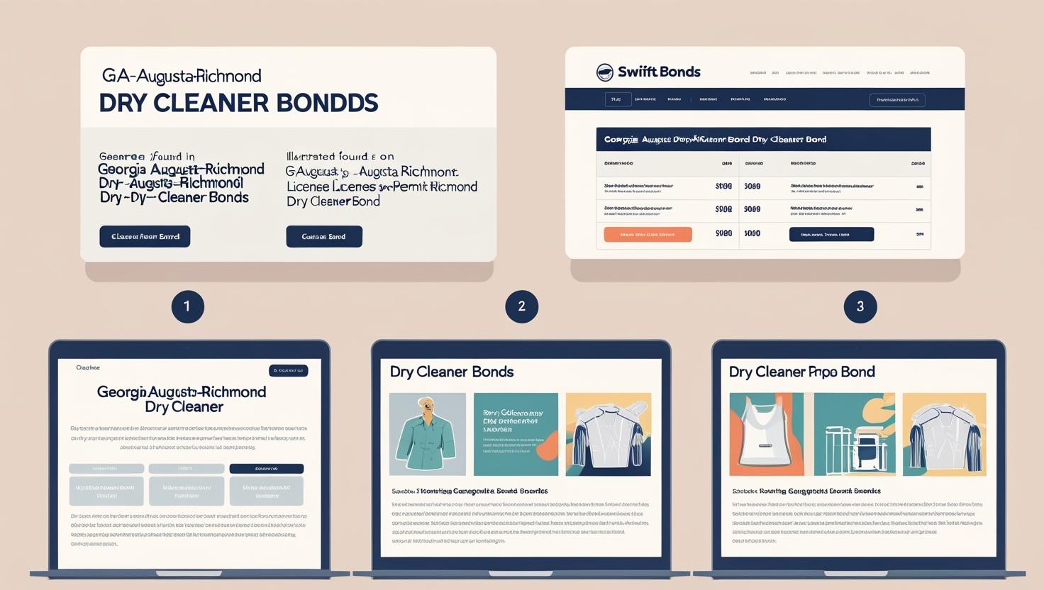 Website-style mockup displaying GA Augusta-Richmond Dry Cleaner Bonds with pricing tables and illustrated dry-cleaning visuals.