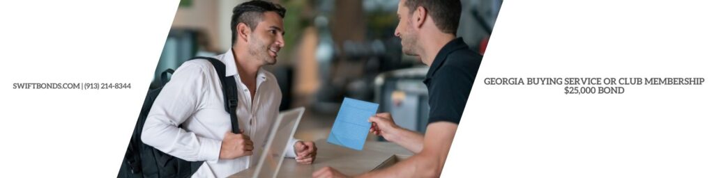 Georgia – Buying Service or Club Membership $25,000 Bond - Man at the gym talking to receptionist about membership plans.