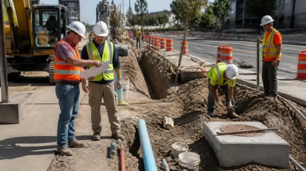 Utility workers and excavator completing public right-of-way infrastructure work in Cobb County, Georgia under Utility Accommodation Performance Bond requirements.