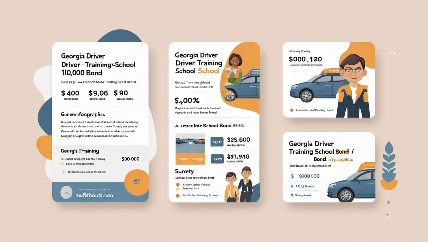 Multiple infographic cards showing costs, coverage, and details of the Georgia Driver Training School Bond with illustrated characters.