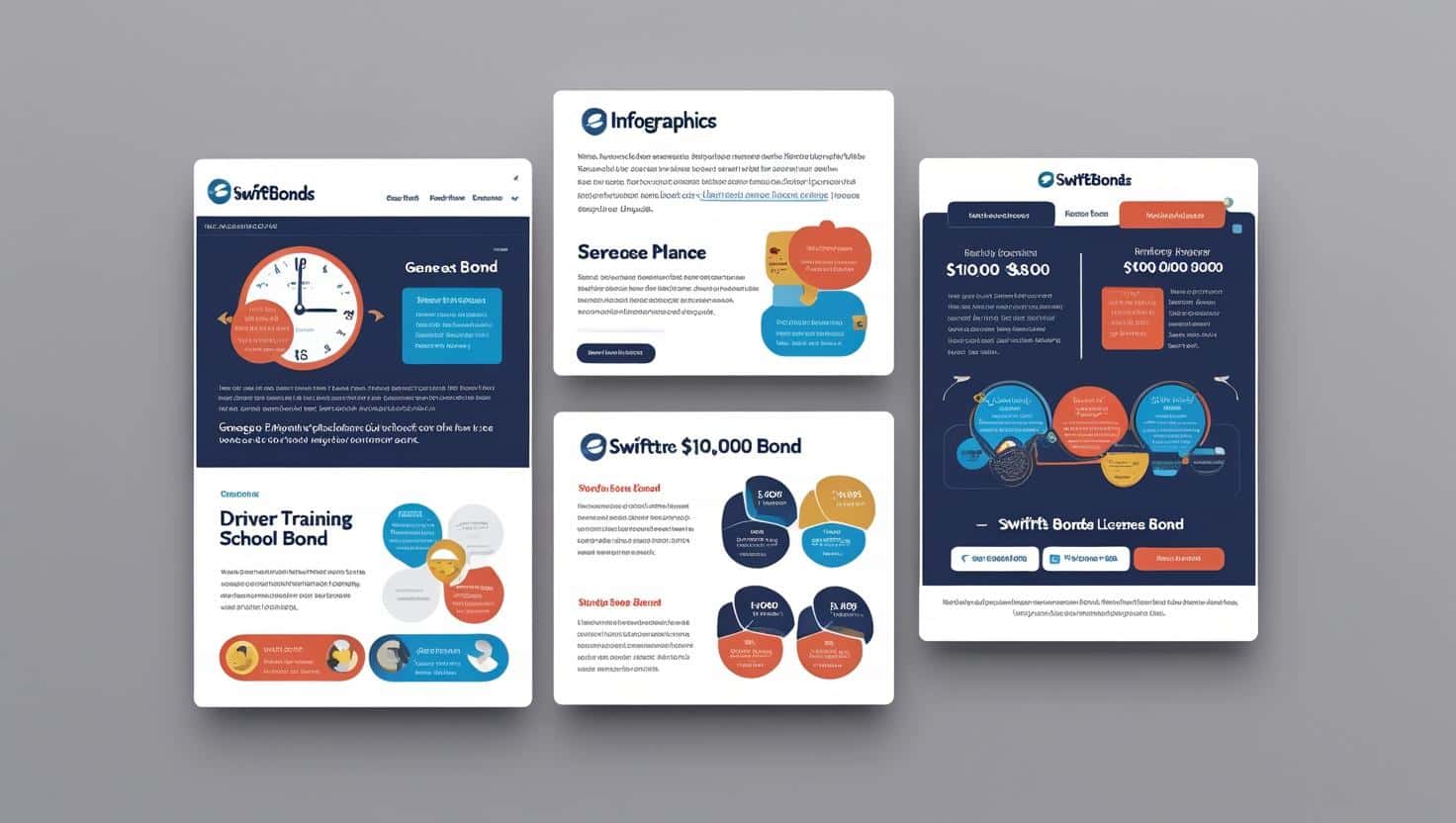 Educational infographic set explaining requirements and visuals for the Georgia Driver Training School Bond with charts and diagrams.
