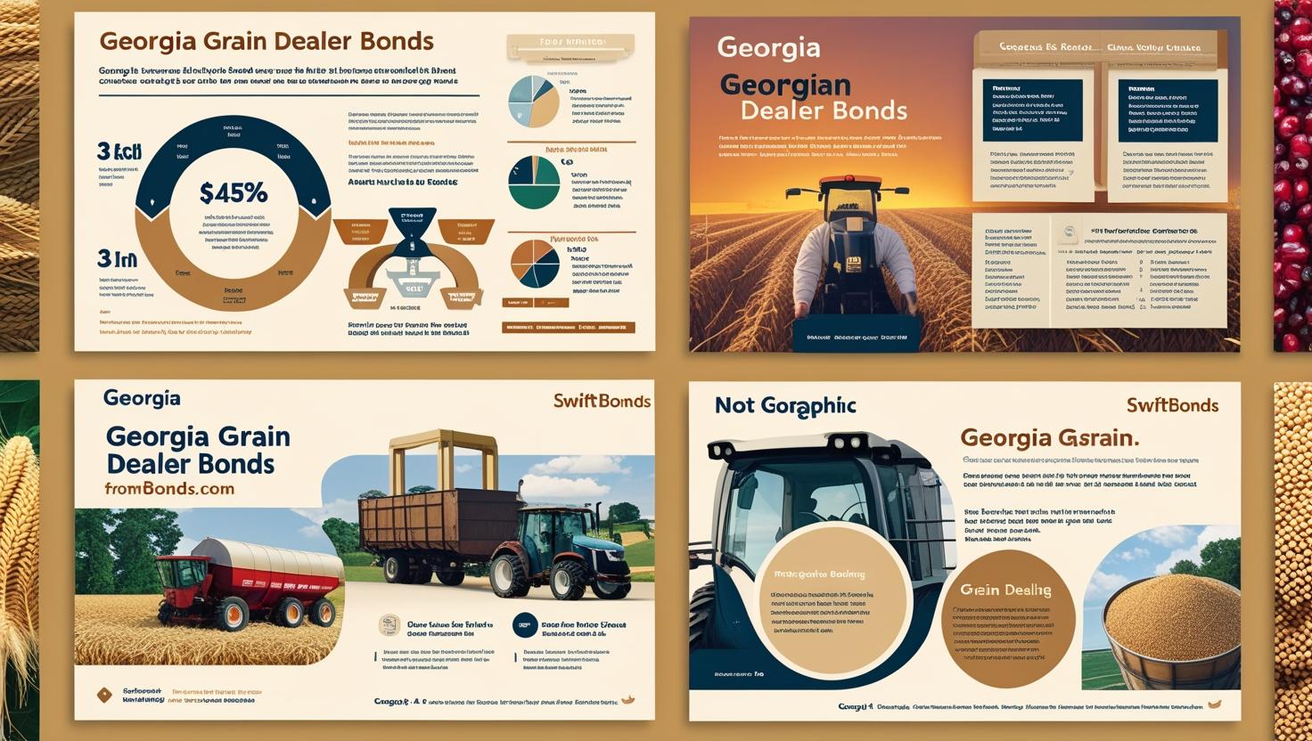 Infographic showing Georgia Grain Dealer Bonds with charts, tractors, and compliance details.