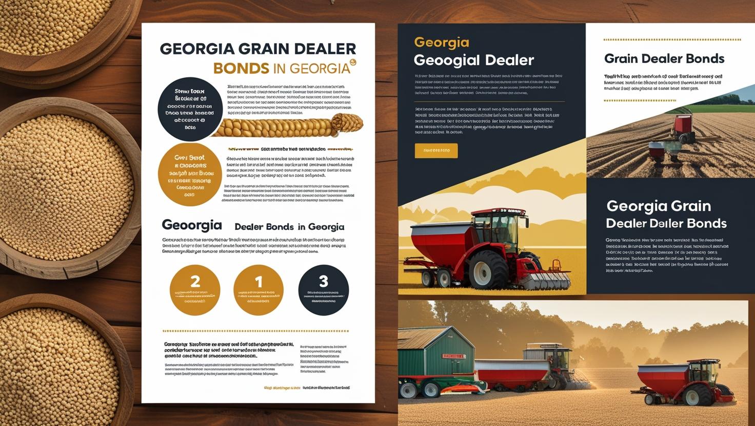 Visual guide explaining Georgia Grain Dealer Bond requirements with tractors and farming graphics.