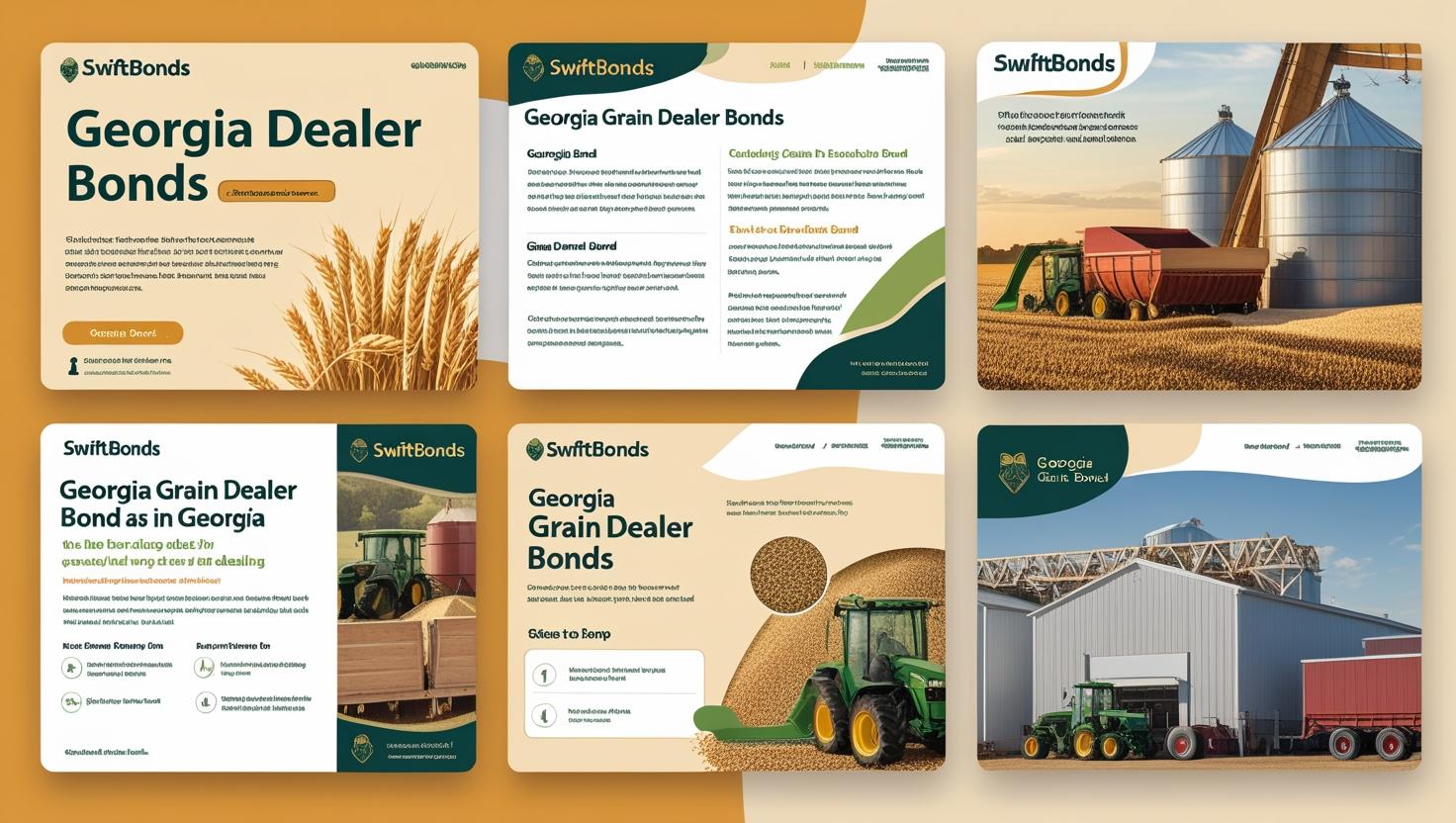 Swiftbonds infographic on Georgia Grain Dealer Bonds with silos, tractors, and bond process highlights.